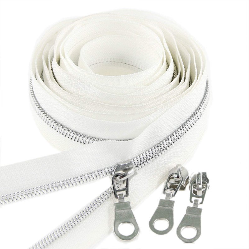Leekayer #5 Silver Metallic Nylon Coil Zippers by The Yard Bulk 10 Yards White Tape with 25pcs Silver Sliders for DIY Sewing Tailor Craft Bag(White) - Image 1